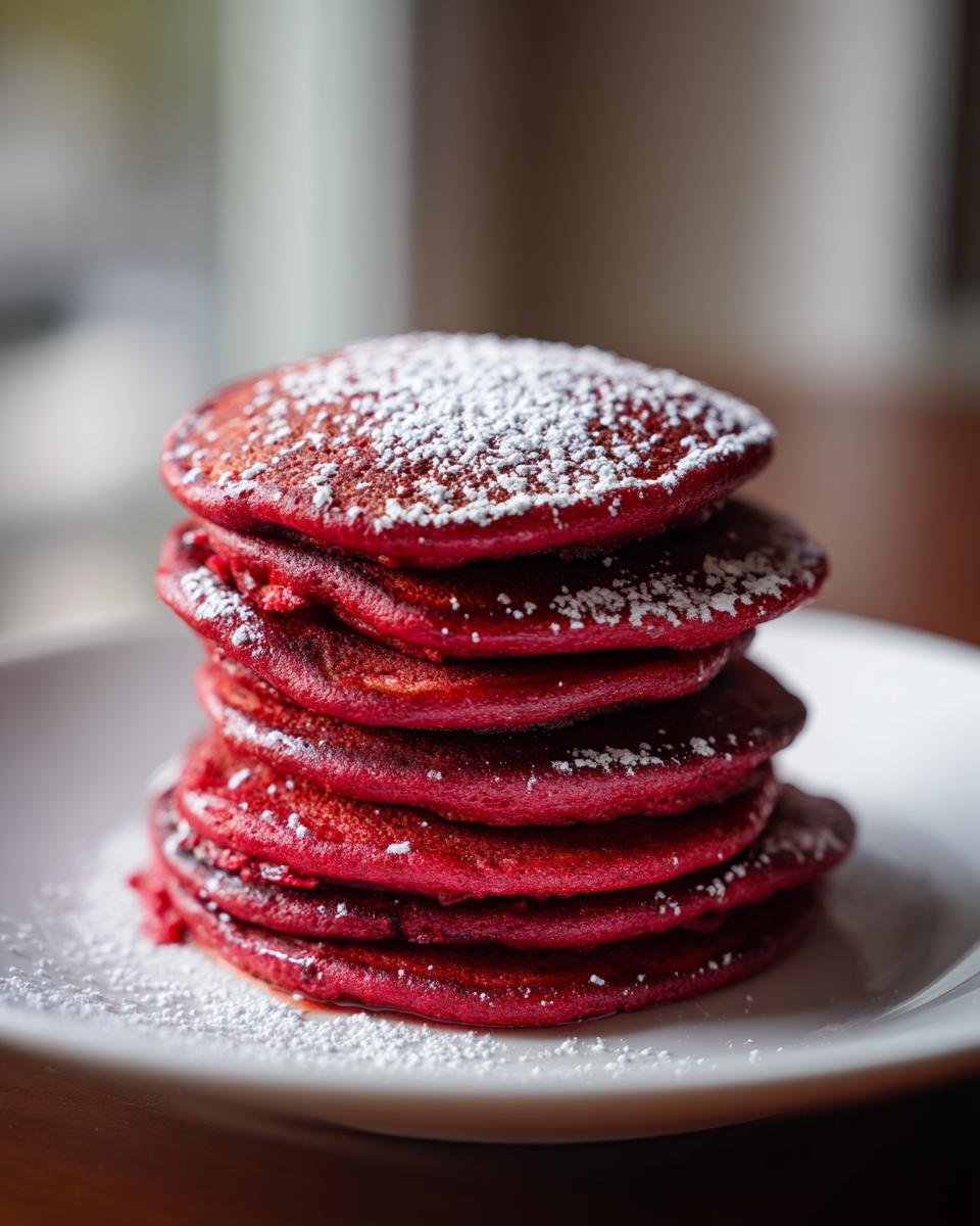 A tall stack of bright red Red Velvet Pancakes dusted generously with white powdered sugar on a white plate.