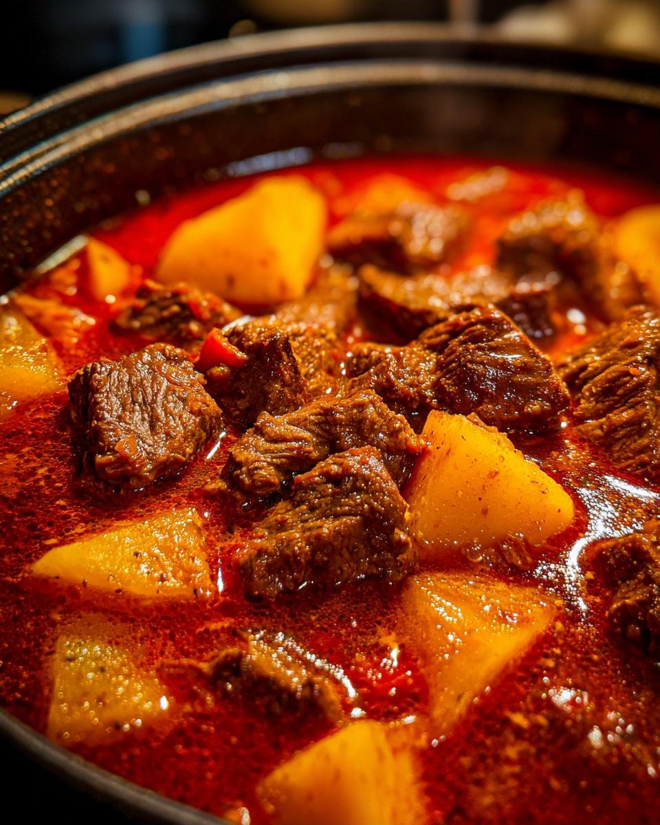 Close-up of rich, red Hungarian Goulash stew with chunks of beef and potatoes simmering in a dark pot.