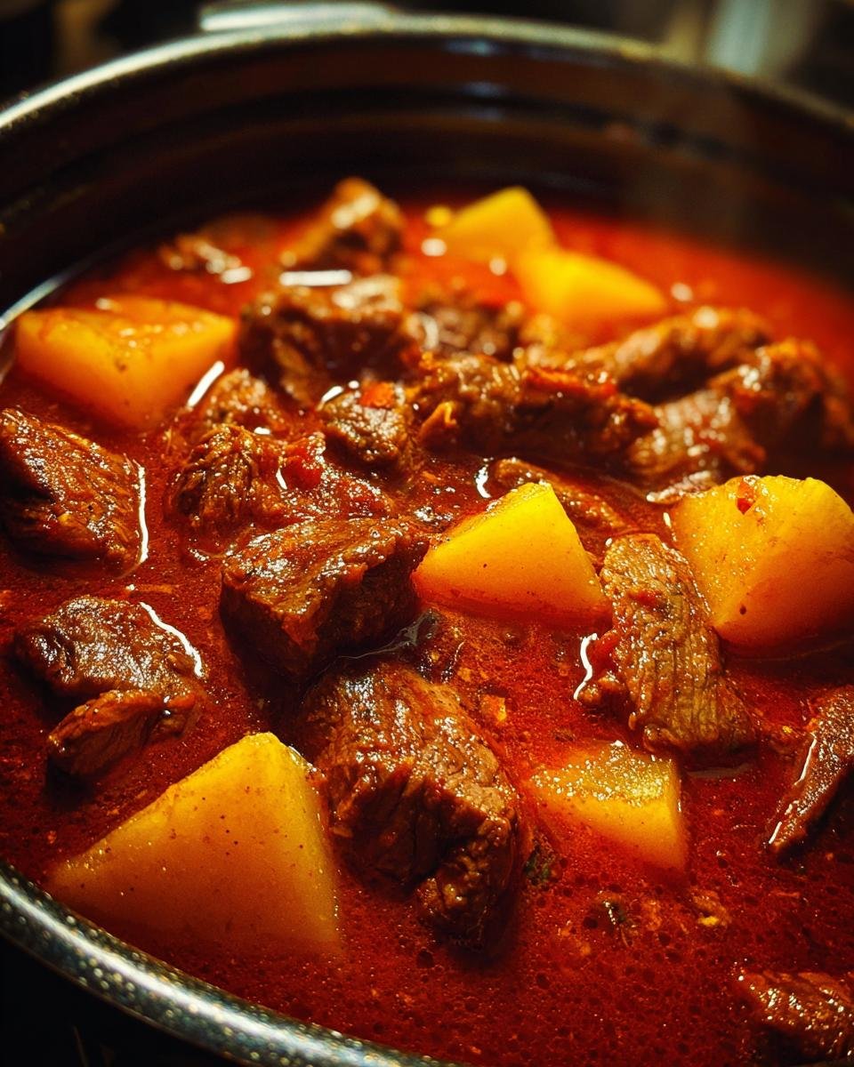Close-up of rich, red Hungarian Goulash stew with chunks of beef and potatoes simmering in a pot.