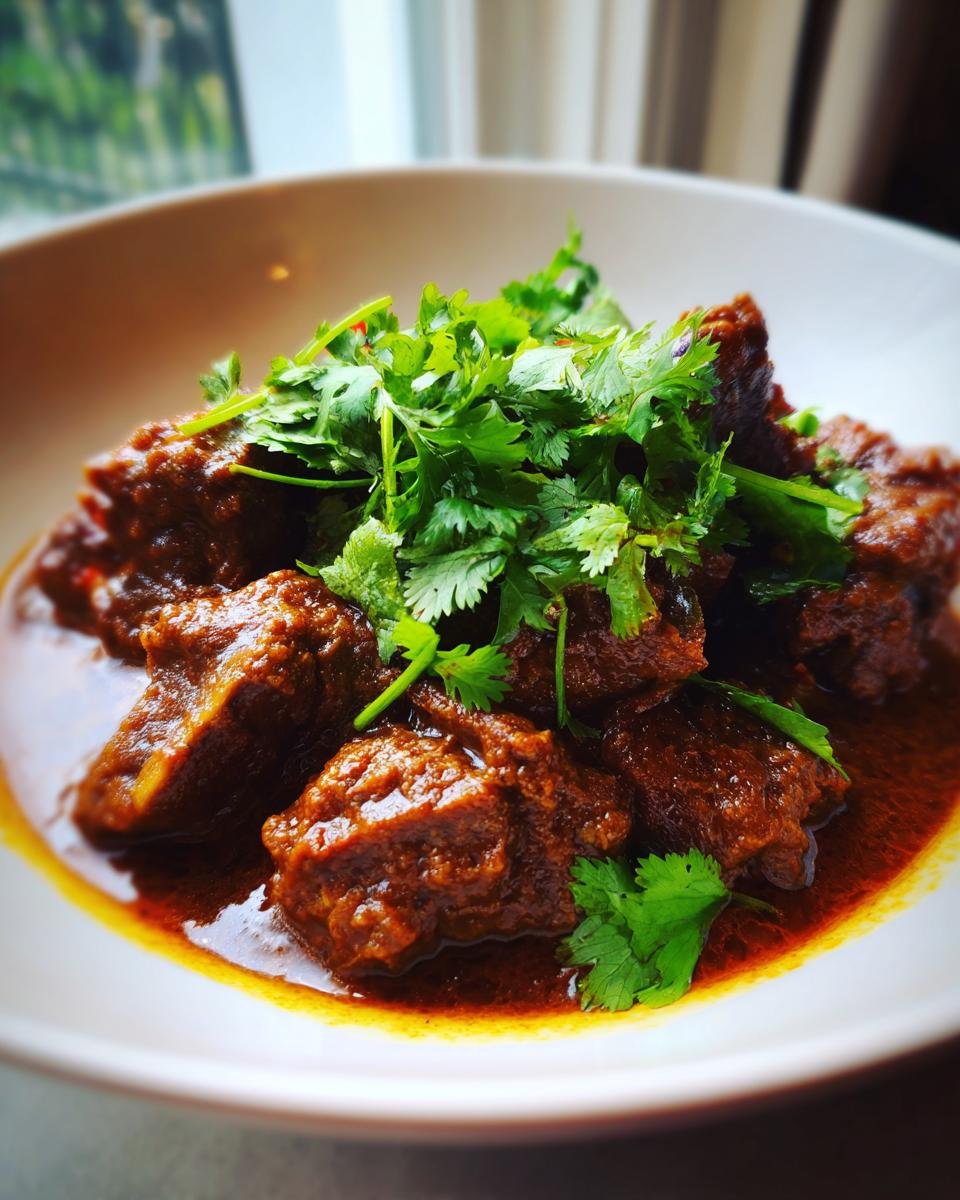 Close-up of tender pieces of Lamb Kalya in a rich, dark red gravy, topped with fresh cilantro.