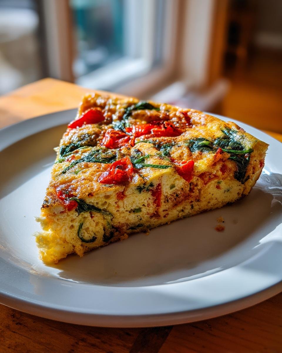 A single slice of Roasted Red Pepper And Spinach Frittata served on a white plate, backlit by sunlight.