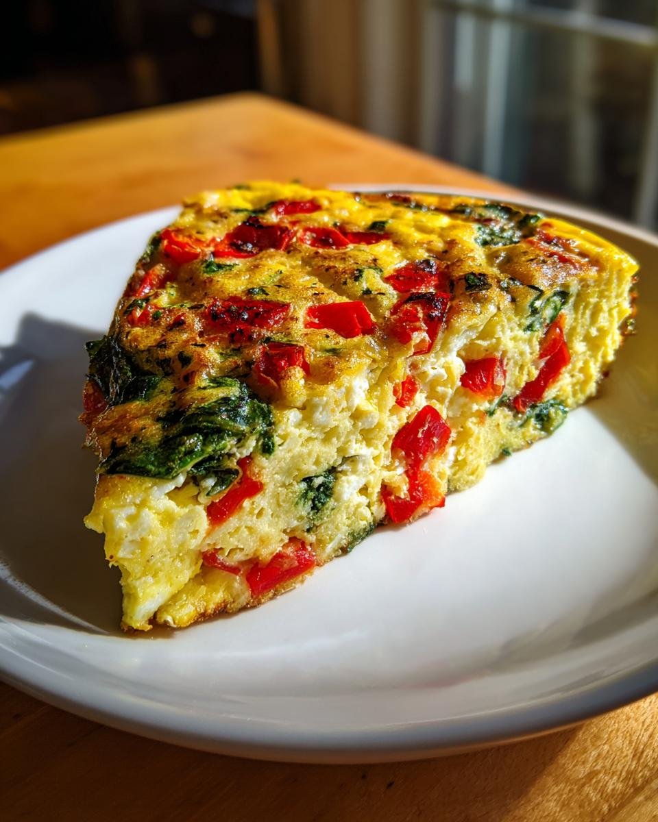A close-up slice of Roasted Red Pepper And Spinach Frittata on a white plate, showing eggs, red peppers, and spinach.