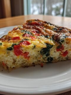 A close-up of a thick slice of Roasted Red Pepper And Spinach Frittata on a white plate.