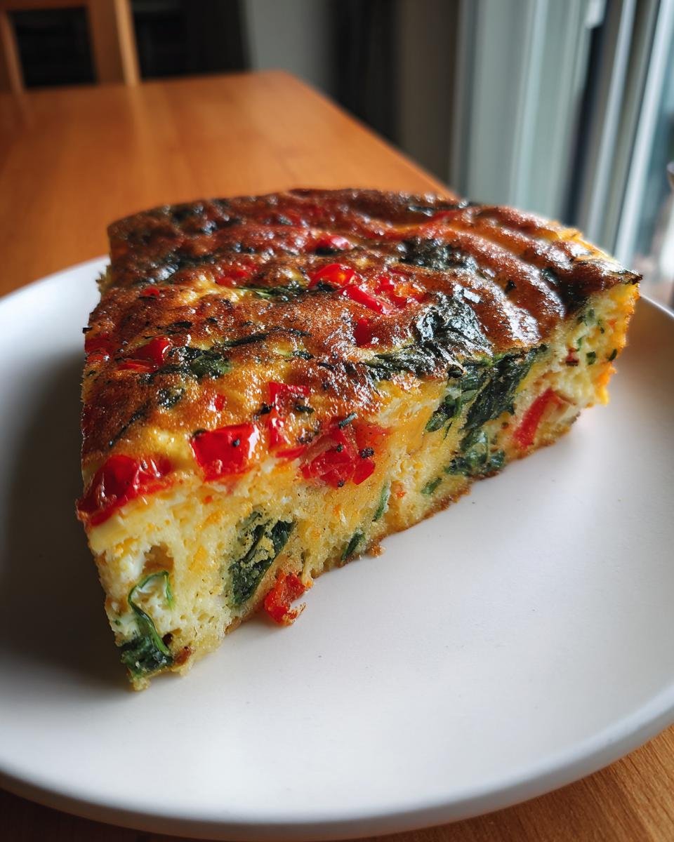 A close-up of a thick slice of Roasted Red Pepper And Spinach Frittata on a white plate.