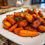 Close-up of glossy, caramelized Roasted Sweet Potatoes And Carrots garnished with fresh thyme sprigs on a white plate.