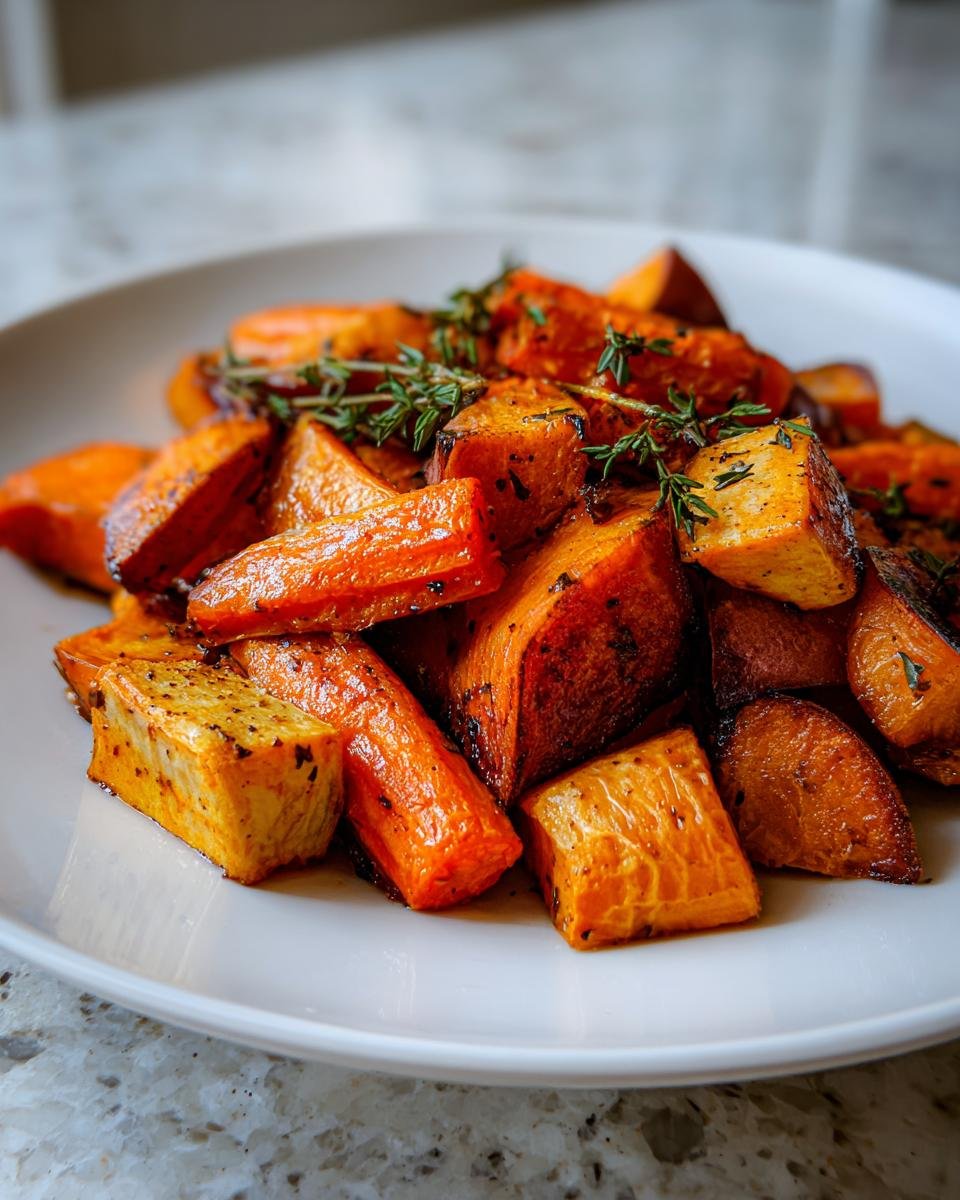 Close-up of beautifully caramelized Roasted Sweet Potatoes And Carrots garnished with fresh thyme sprigs on a white plate.