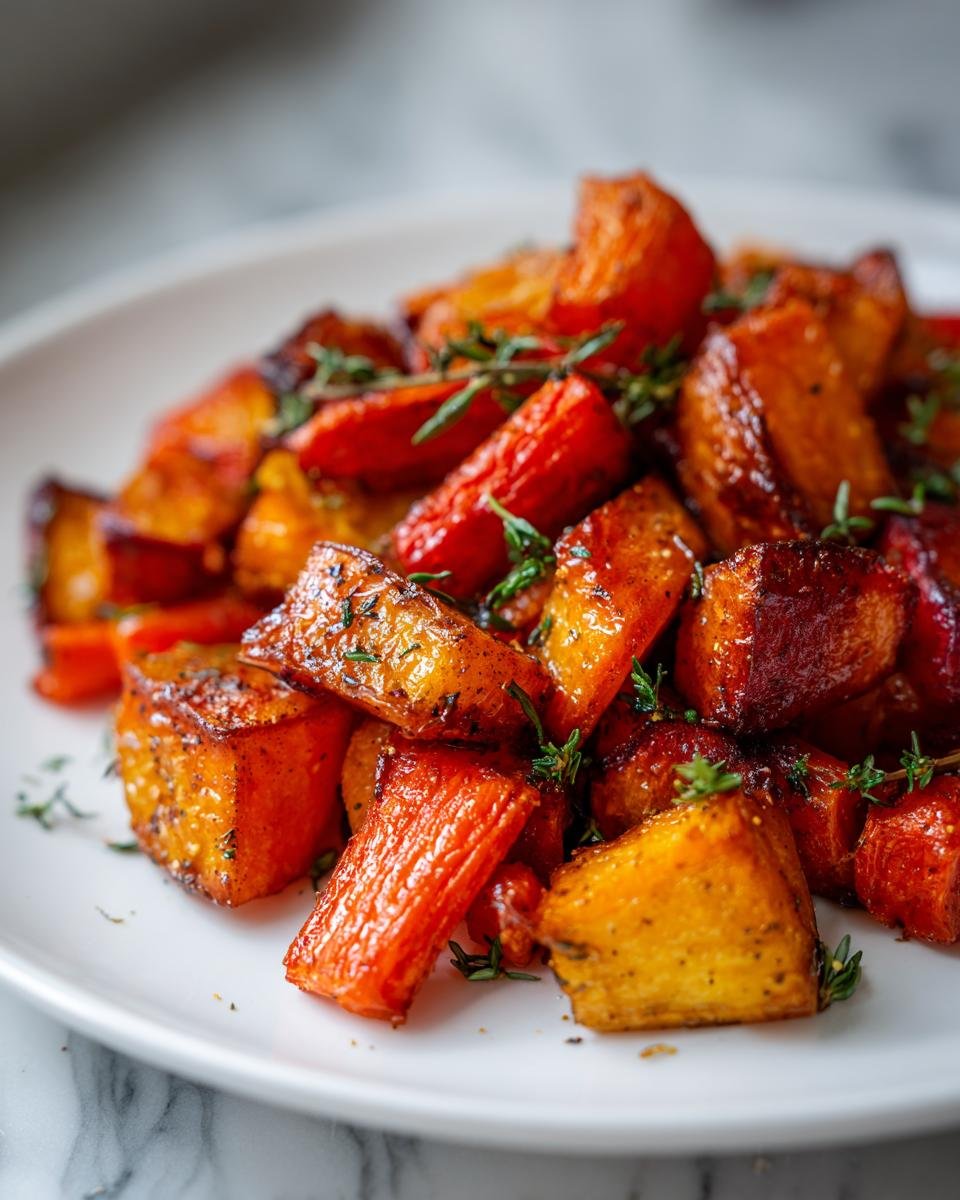 Close-up of caramelized Roasted Sweet Potatoes And Carrots garnished with fresh thyme sprigs on a white plate.