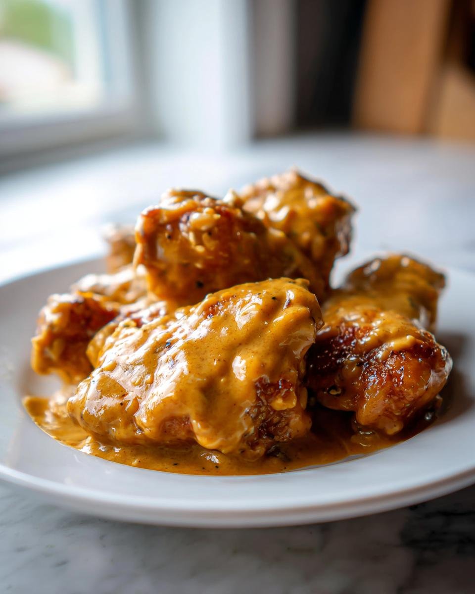 Close-up of crispy chicken wings generously coated in a thick, creamy Thai Peanut Chicken sauce on a white plate.