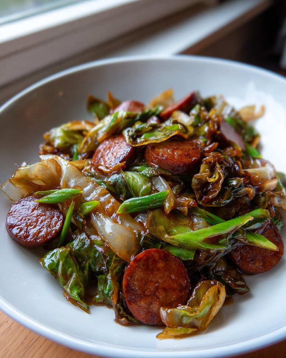 Close-up of a vibrant Sausage And Cabbage Stir Fry featuring caramelized sausage slices and glossy green cabbage.