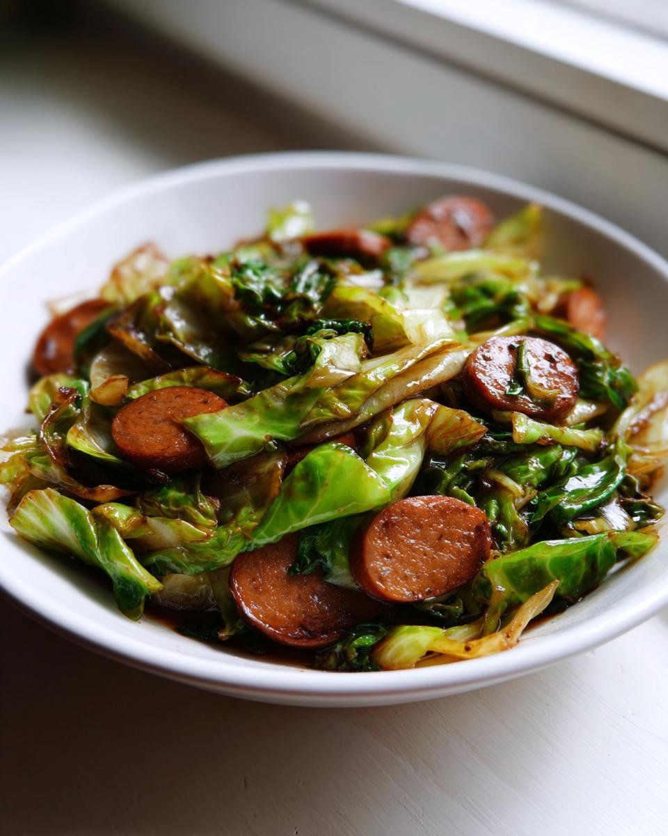 A close-up of a vibrant Sausage And Cabbage Stir Fry served in a white bowl, featuring browned sausage slices and glossy green cabbage.