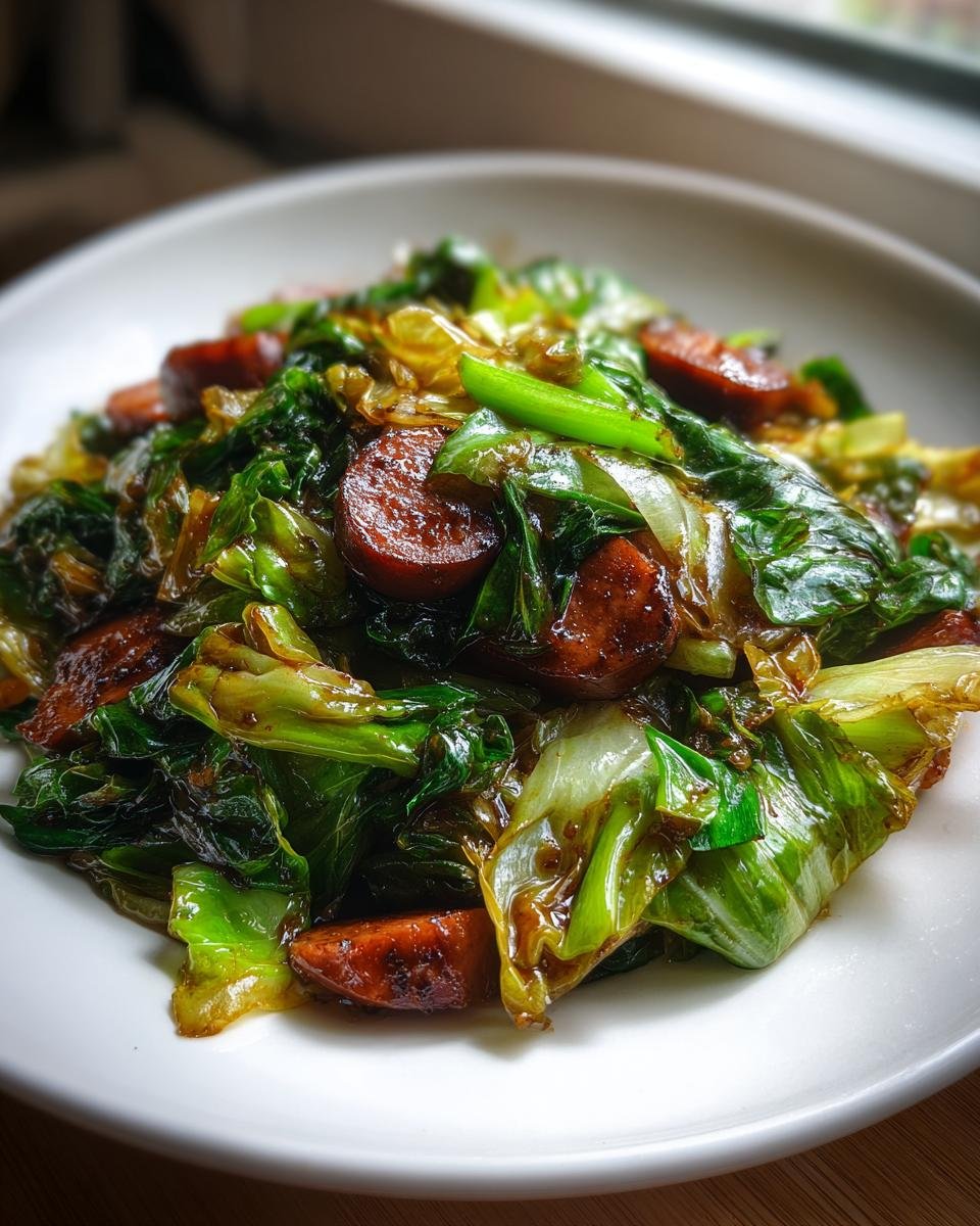 A close-up serving of glossy Sausage And Cabbage Stir Fry featuring browned sausage slices and vibrant green cabbage.