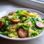 Close-up of a vibrant Sausage And Cabbage Stir Fry featuring browned sausage slices mixed with bright green, glossy cabbage.