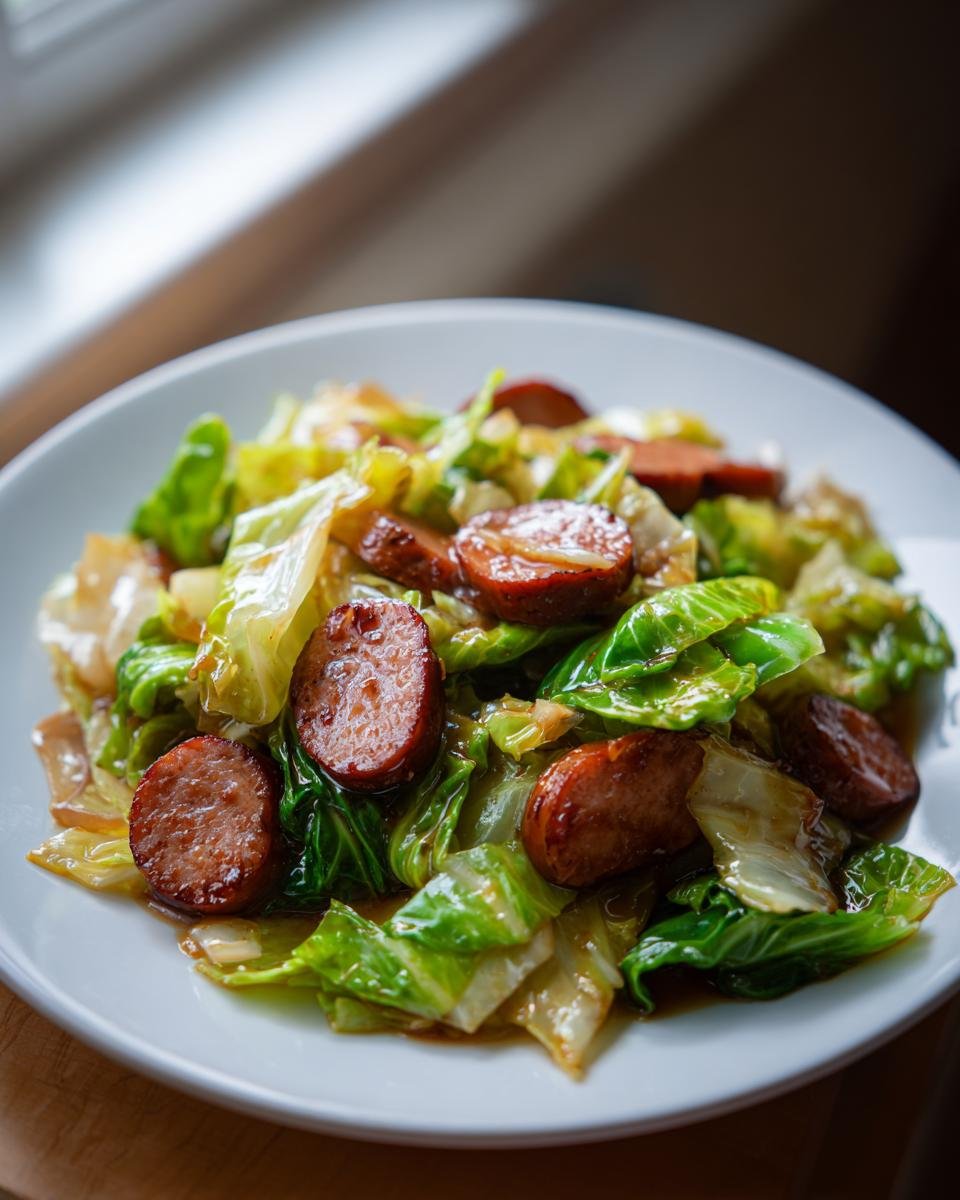 A close-up of a serving of Sausage And Cabbage Stir Fry featuring browned sausage slices mixed with bright green and wilted cabbage.
