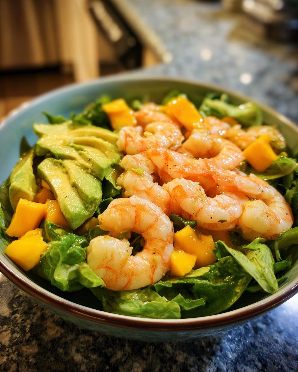 Close-up of a fresh Shrimp Avocado Mango Bowl featuring cooked shrimp, sliced avocado, and mango chunks over greens.