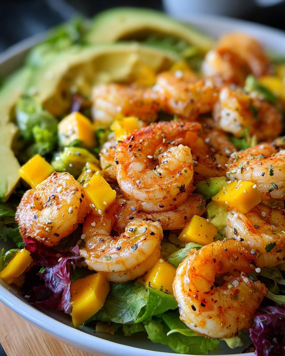Close-up of seasoned shrimp, mango chunks, and avocado slices over mixed greens in a Shrimp Avocado Mango Bowl.