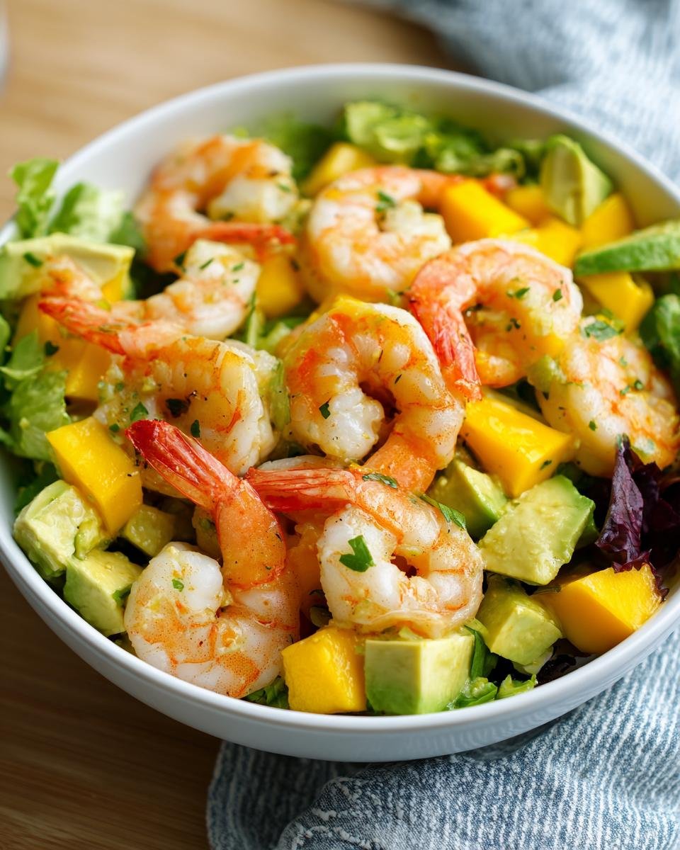 Close-up of a fresh Shrimp Avocado Mango Bowl featuring plump shrimp, diced mango, and avocado over greens.