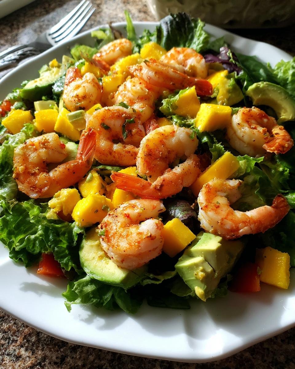 Close-up of a vibrant Shrimp Avocado Mango Bowl featuring seasoned shrimp, diced mango, avocado, and mixed greens on a white plate.