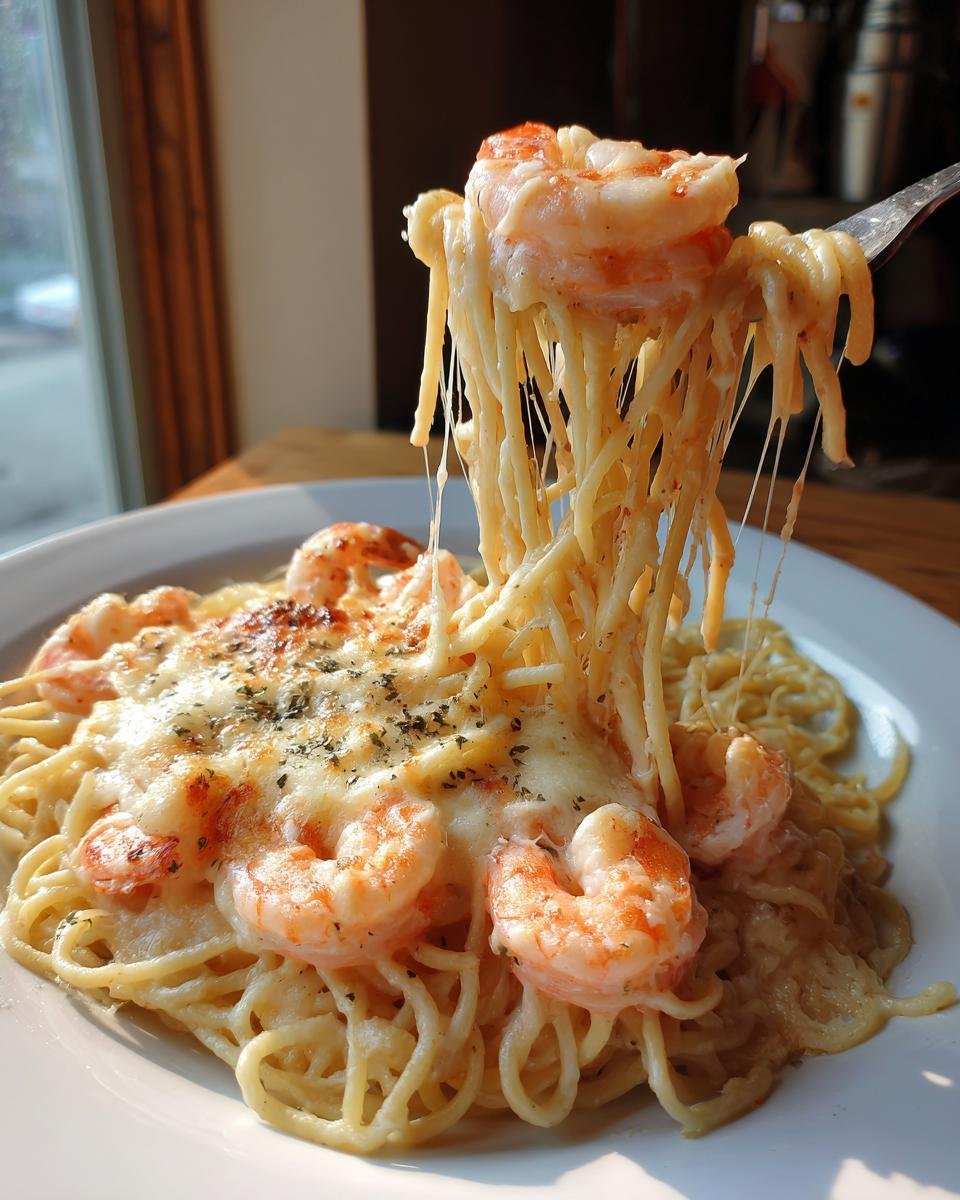 A fork pulling up cheesy, saucy noodles and shrimp from a plate of Shrimp Scampi Pasta Bake.