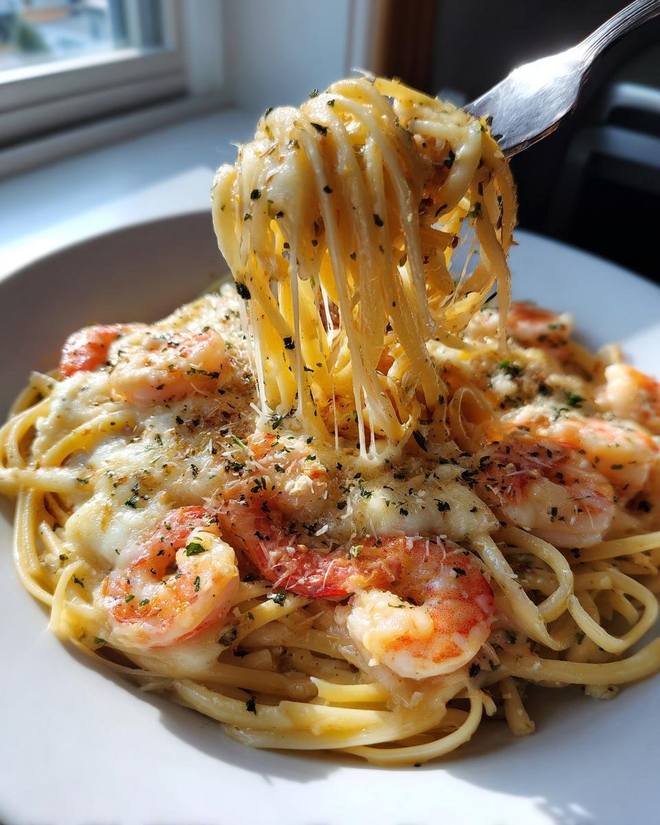 A fork lifting cheesy linguine from a bowl of Shrimp Scampi Pasta Bake, showing a dramatic cheese pull.