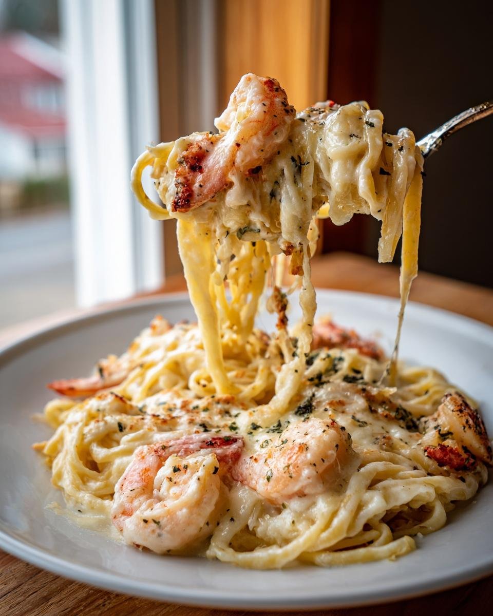 A fork lifts creamy pasta and large shrimp from a plate of Shrimp Scampi Pasta Bake, showing cheese pull.