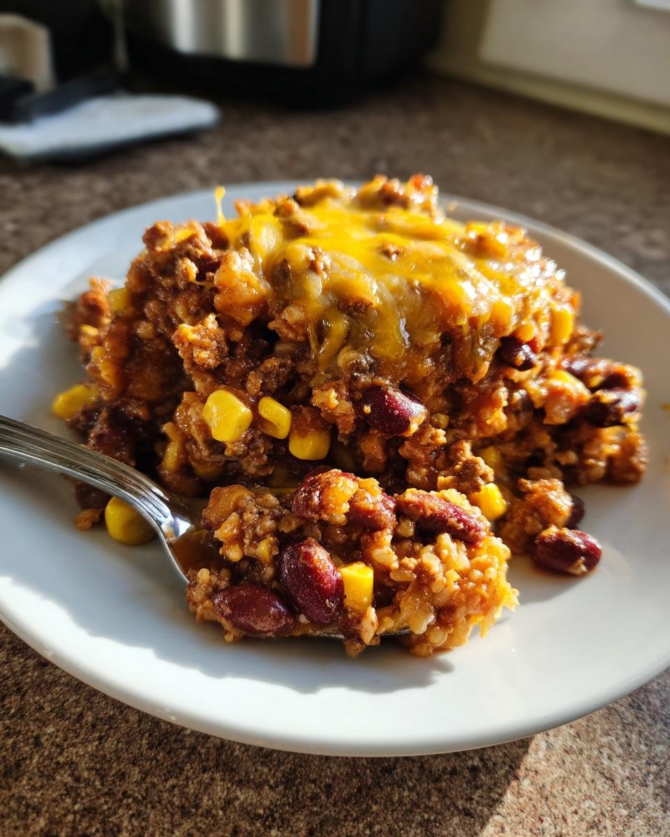 A hearty serving of Slow Cooker Cowboy Casserole featuring ground meat, kidney beans, corn, and melted cheddar cheese.