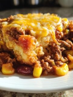 A hearty serving of Slow Cooker Cowboy Casserole featuring ground beef, beans, corn, and a cornbread topping with melted cheese.