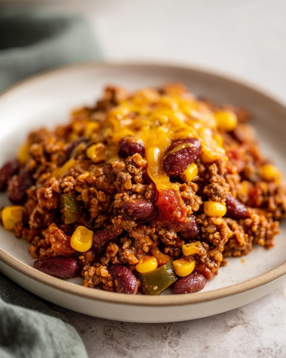 A close-up of a serving of Slow Cooker Cowboy Casserole topped with melted cheddar cheese.