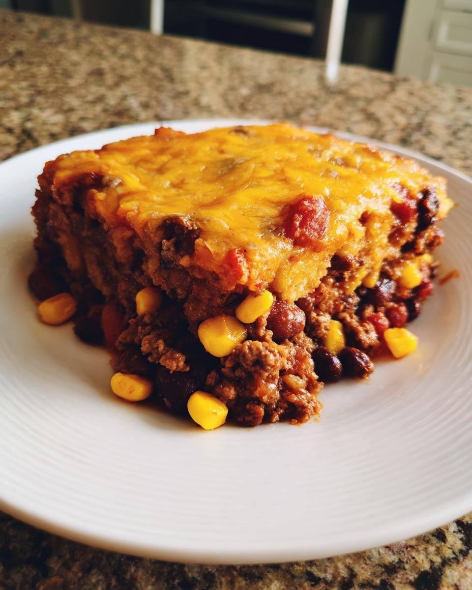 A hearty slice of Slow Cooker Cowboy Casserole topped with melted cheddar cheese, showing ground beef, beans, and corn.