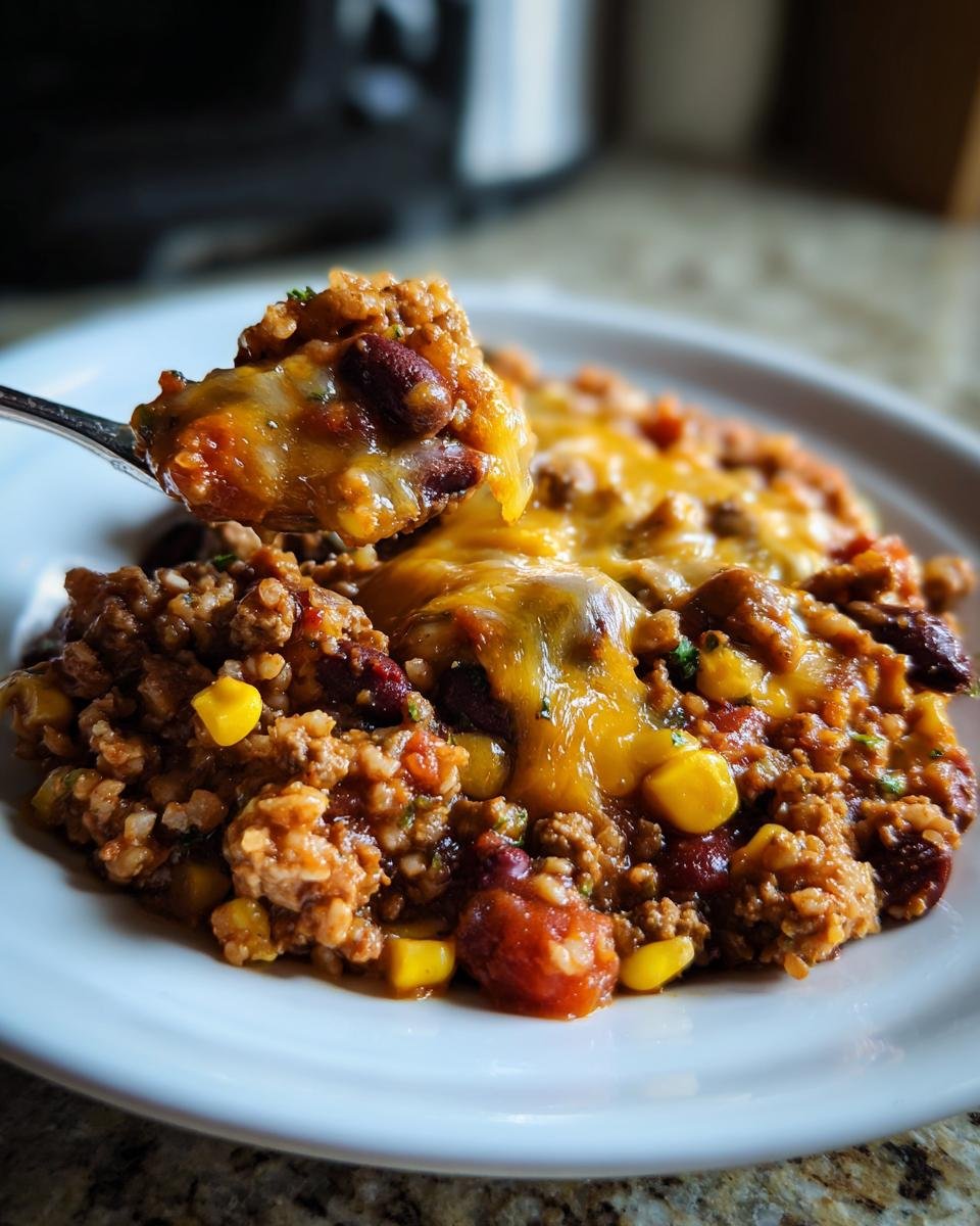 A spoonful of cheesy Slow Cooker Cowboy Casserole lifted from a plate, showing ground meat, beans, and corn.
