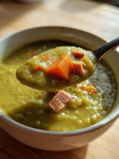 A spoonful of thick Slow Cooker Split Pea Soup showing chunks of ham and bright orange carrots being lifted from a white bowl.