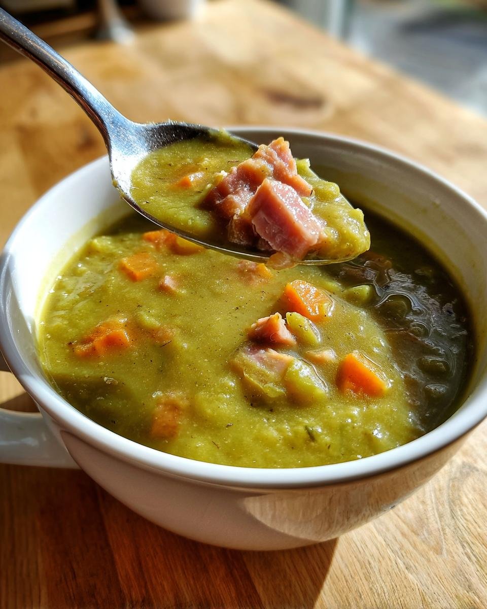 A spoonful of thick Slow Cooker Split Pea Soup, showing chunks of ham and carrots, lifted from a white bowl.