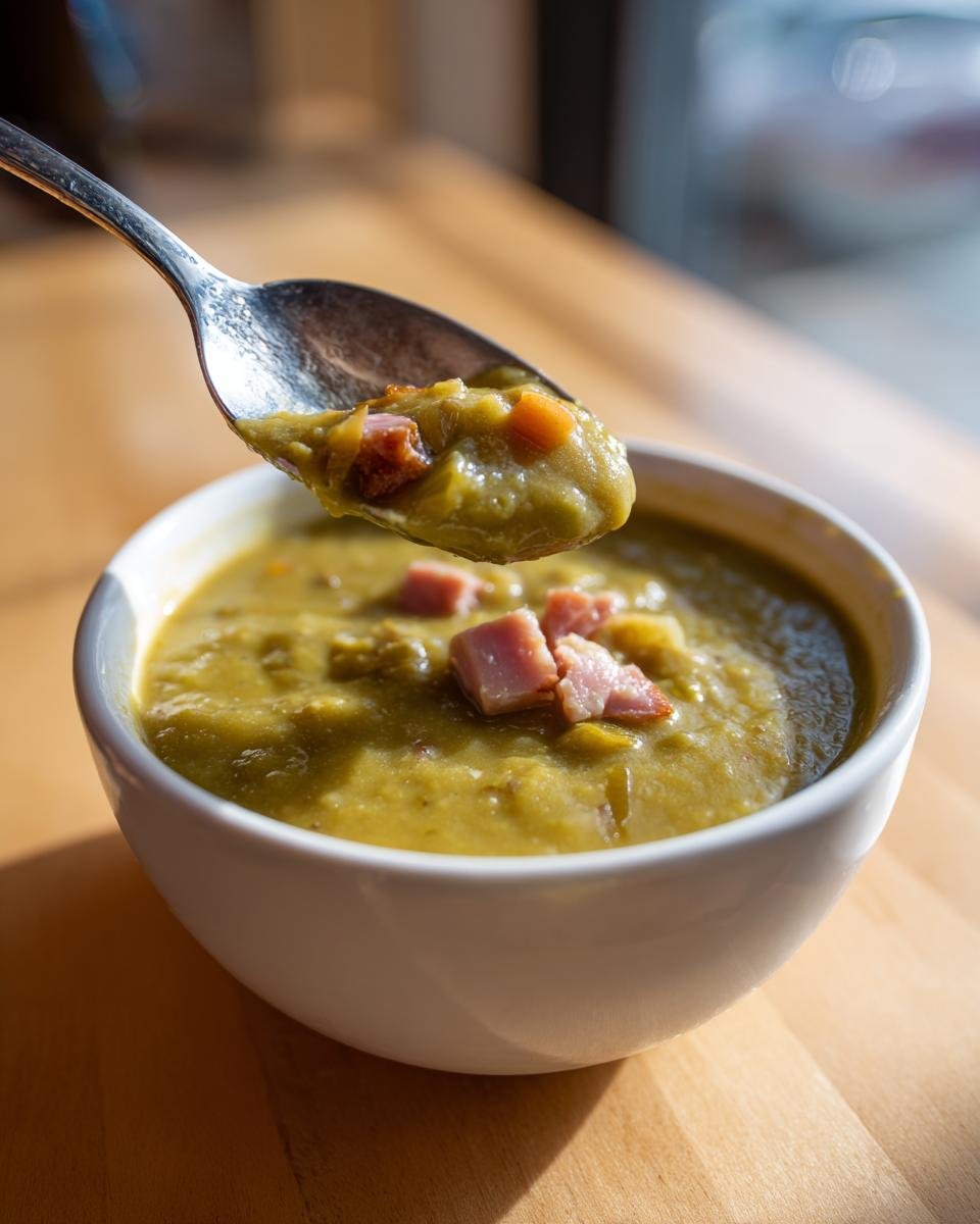 A spoonful of thick Slow Cooker Split Pea Soup topped with ham cubes being lifted from a white bowl.