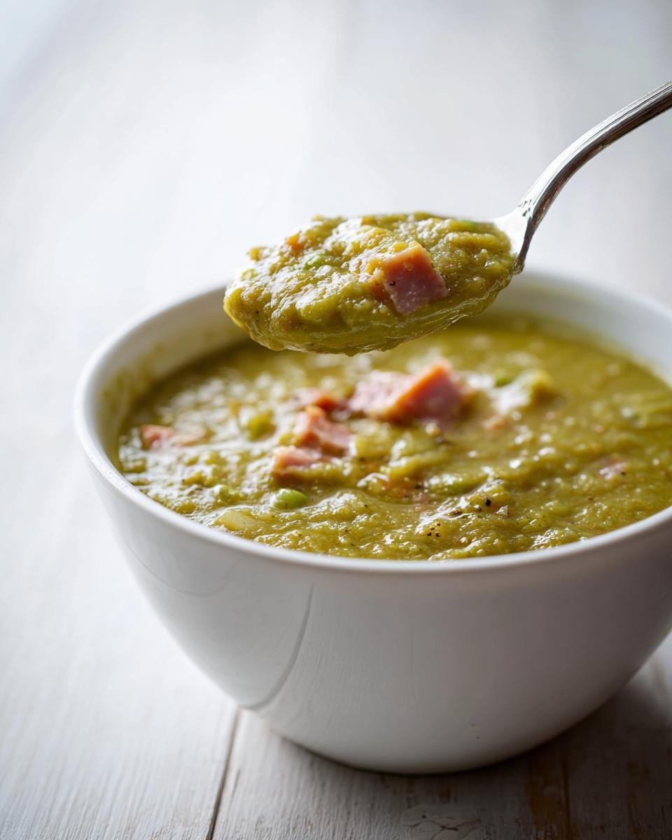 A spoonful of thick, green Slow Cooker Split Pea Soup with chunks of ham being lifted from a white bowl.