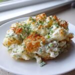 A close-up of a serving of Smashed Potato Salad, creamy and topped with crispy edges and fresh dill.