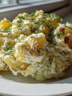 A mound of creamy Smashed Potato Salad, featuring smashed potatoes coated in dressing and topped generously with fresh dill.