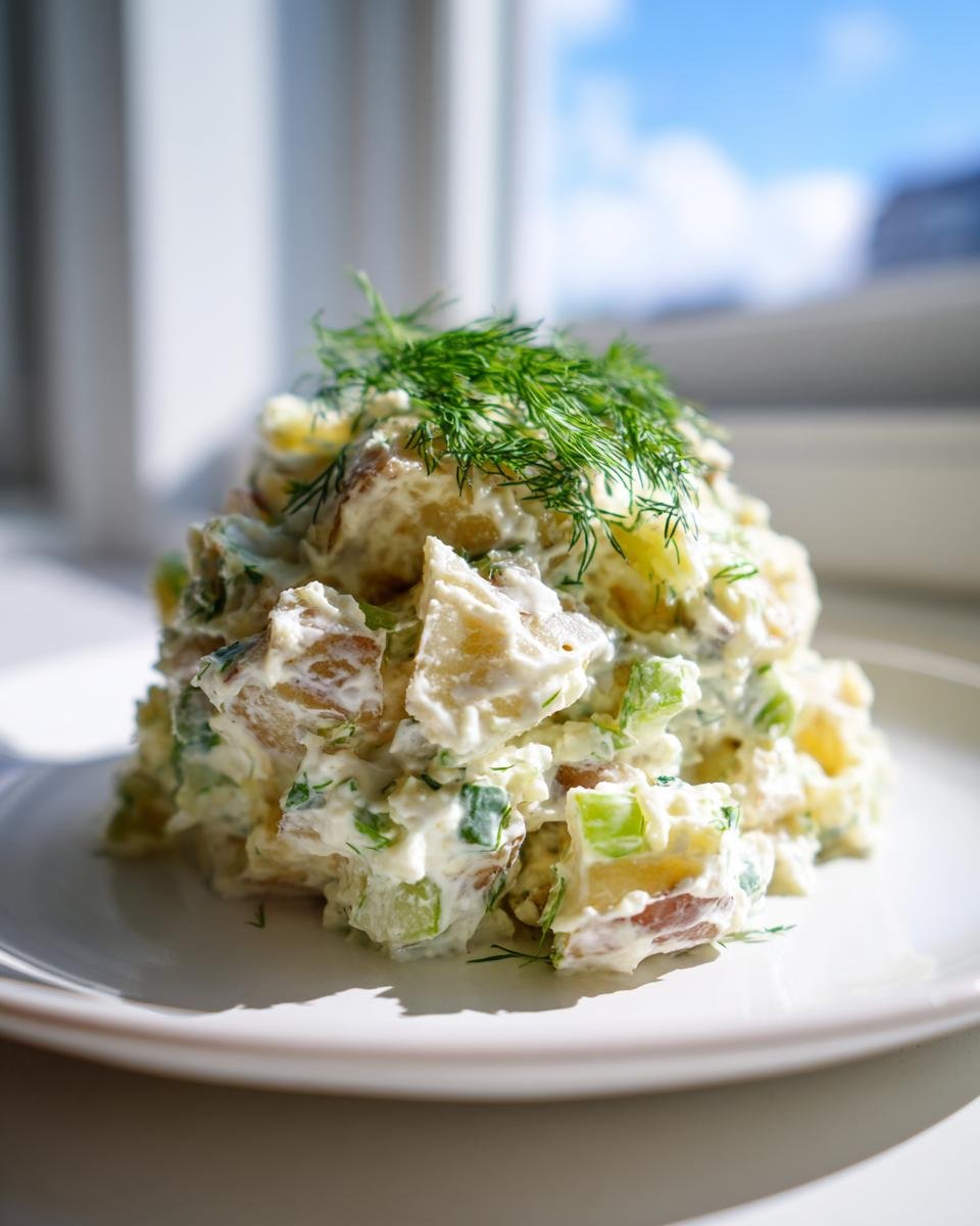 A mound of creamy Smashed Potato Salad, featuring chunks of potato, green onion, and topped with fresh dill.