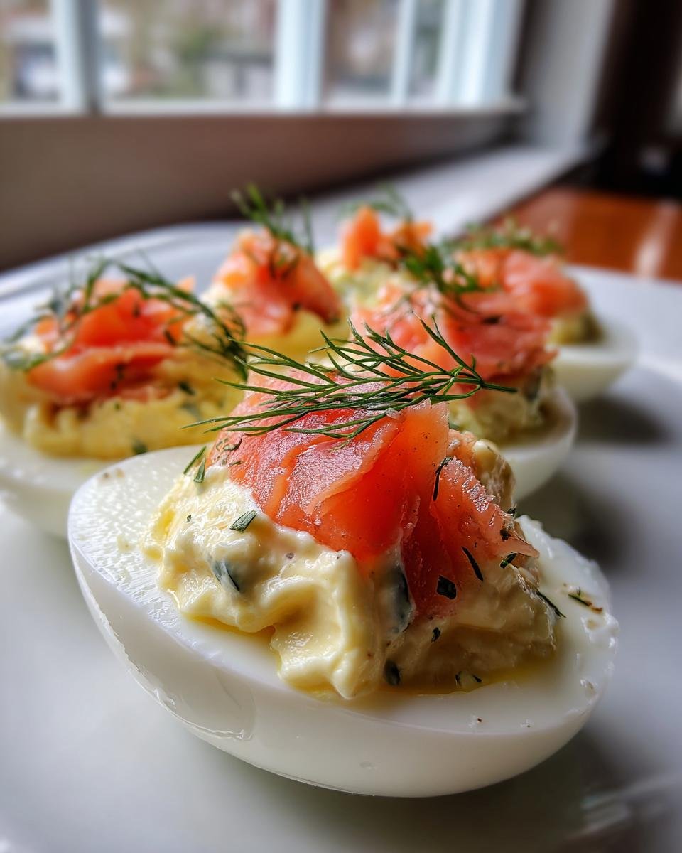 Close-up of several Smoked Salmon Deviled Eggs topped with smoked salmon pieces and fresh dill sprigs on a white plate.