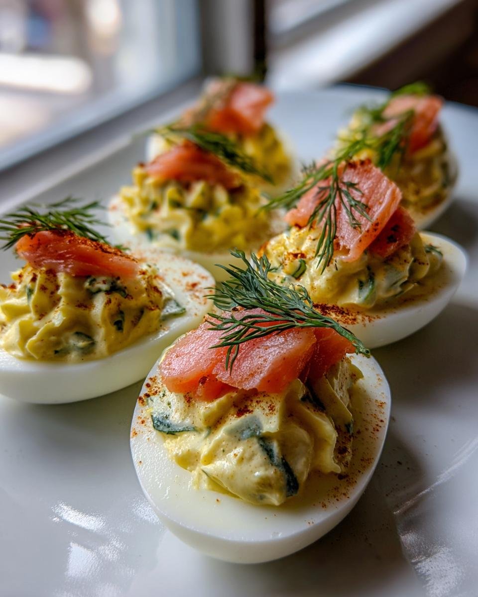 Close-up of several Smoked Salmon Deviled Eggs topped with smoked salmon, fresh dill, and paprika.
