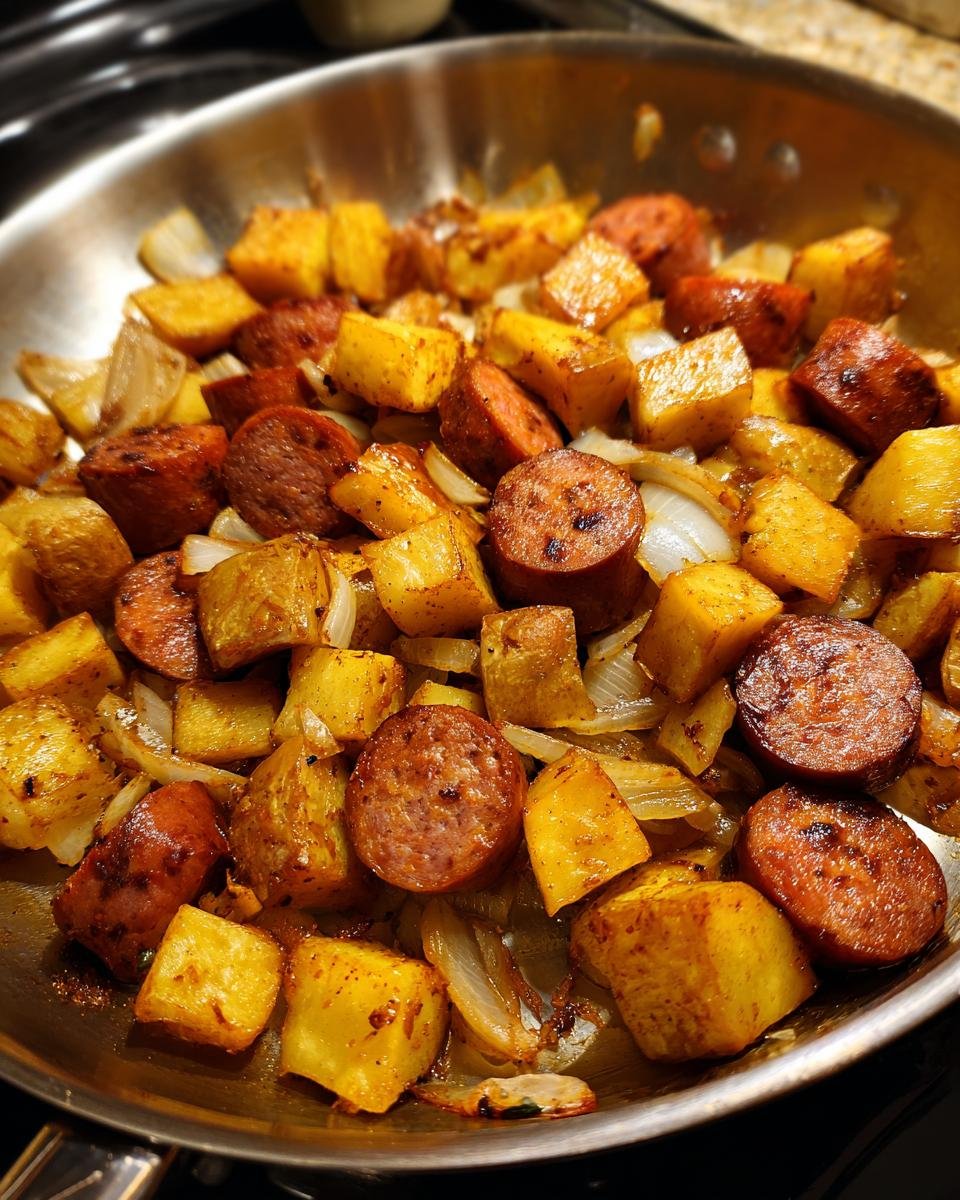 Close-up of browned potatoes, sliced smoked sausage, and onions cooking together in a stainless steel skillet.