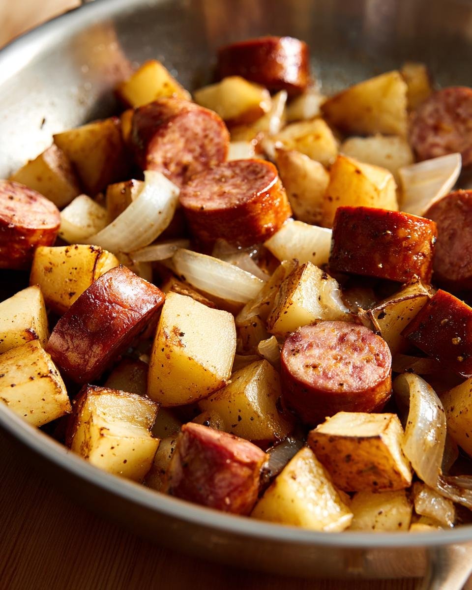 Close-up view of smoked sausage And Potatoes Skillet cooking in a stainless steel pan with onions.