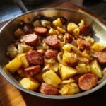 Close-up of Smoked Sausage And Potatoes Skillet with browned sausage slices and seasoned potatoes in a metal pan.