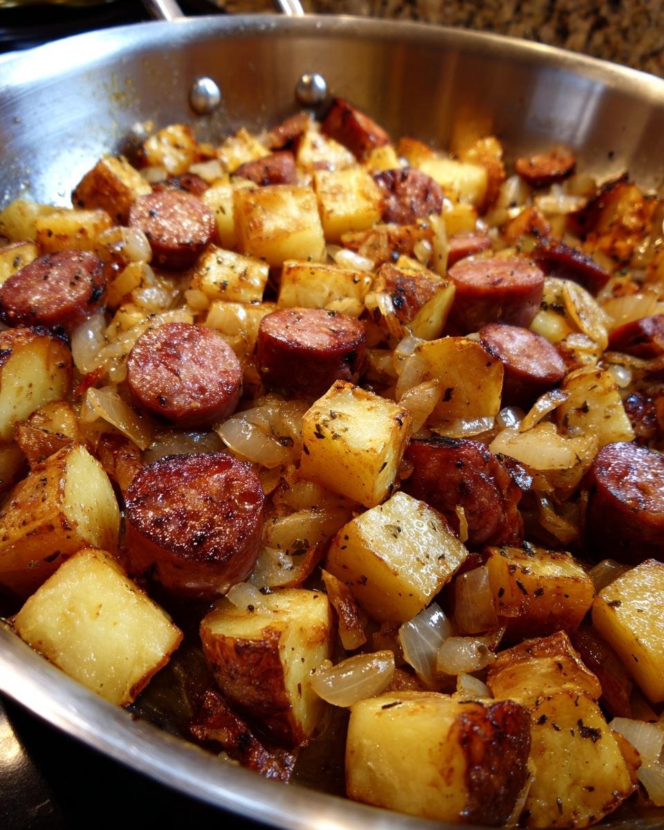 Close-up of Smoked Sausage And Potatoes Skillet cooking with onions in a stainless steel pan.