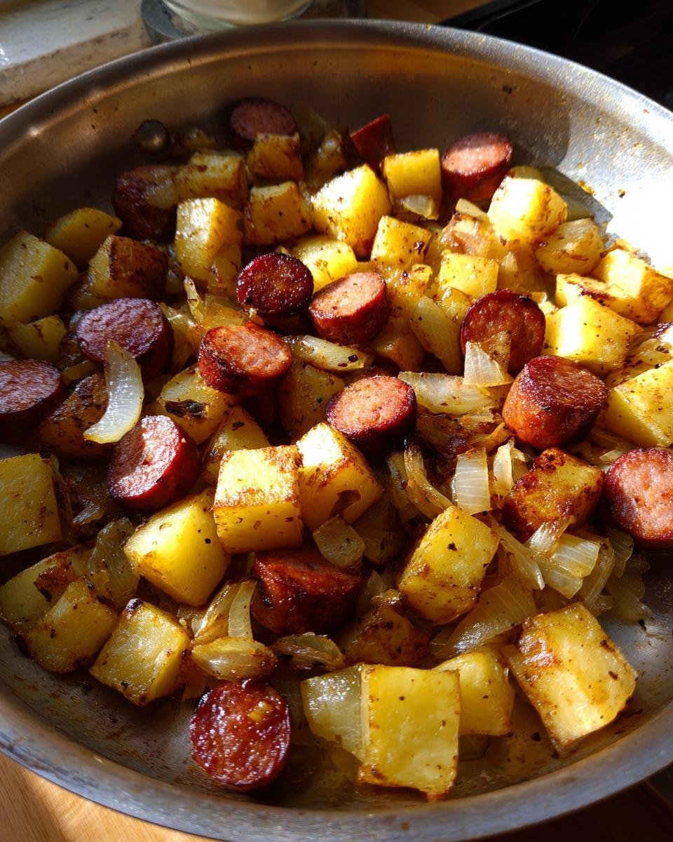 Close-up of Smoked Sausage And Potatoes Skillet cooking in a stainless steel pan with onions.