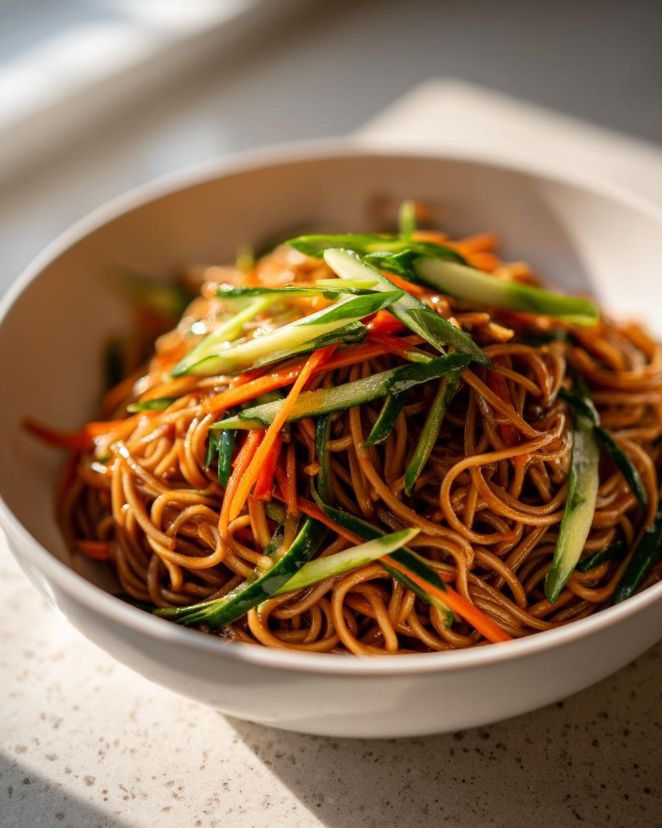 A close-up of a white bowl filled with glistening Soba Noodle Salad topped with julienned carrots and cucumbers.