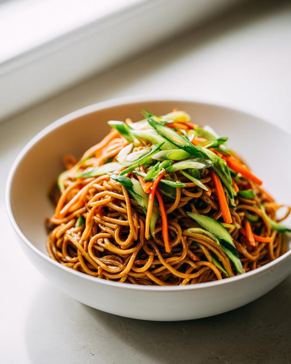 A close-up of a white bowl filled with sauced soba noodle salad, topped with julienned carrots, cucumber, and green onions.