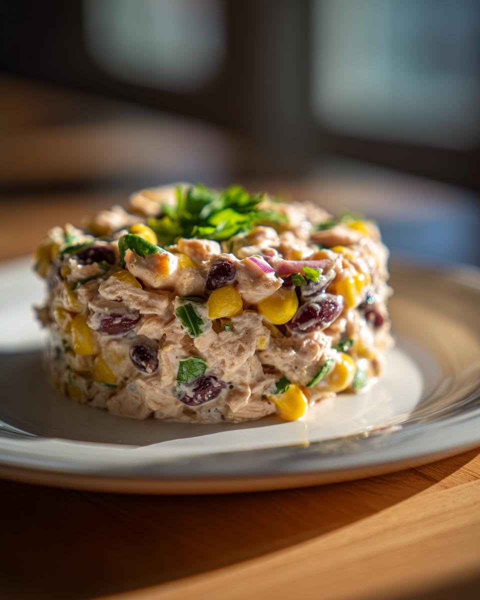 A molded portion of Southwest Chicken Salad featuring chicken, corn, and kidney beans in a creamy dressing, topped with parsley.
