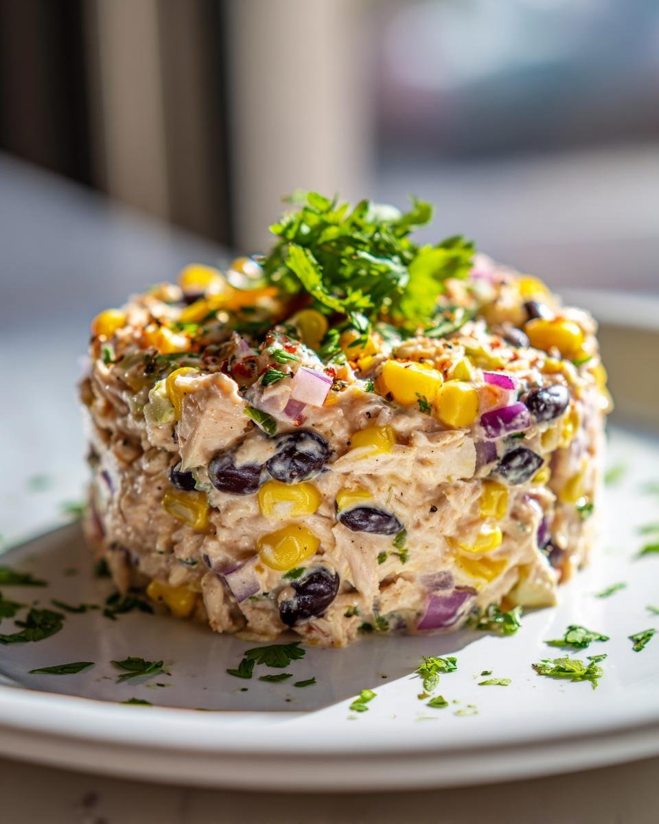 A molded serving of Southwest Chicken Salad featuring chicken, black beans, corn, and red onion, topped with cilantro.