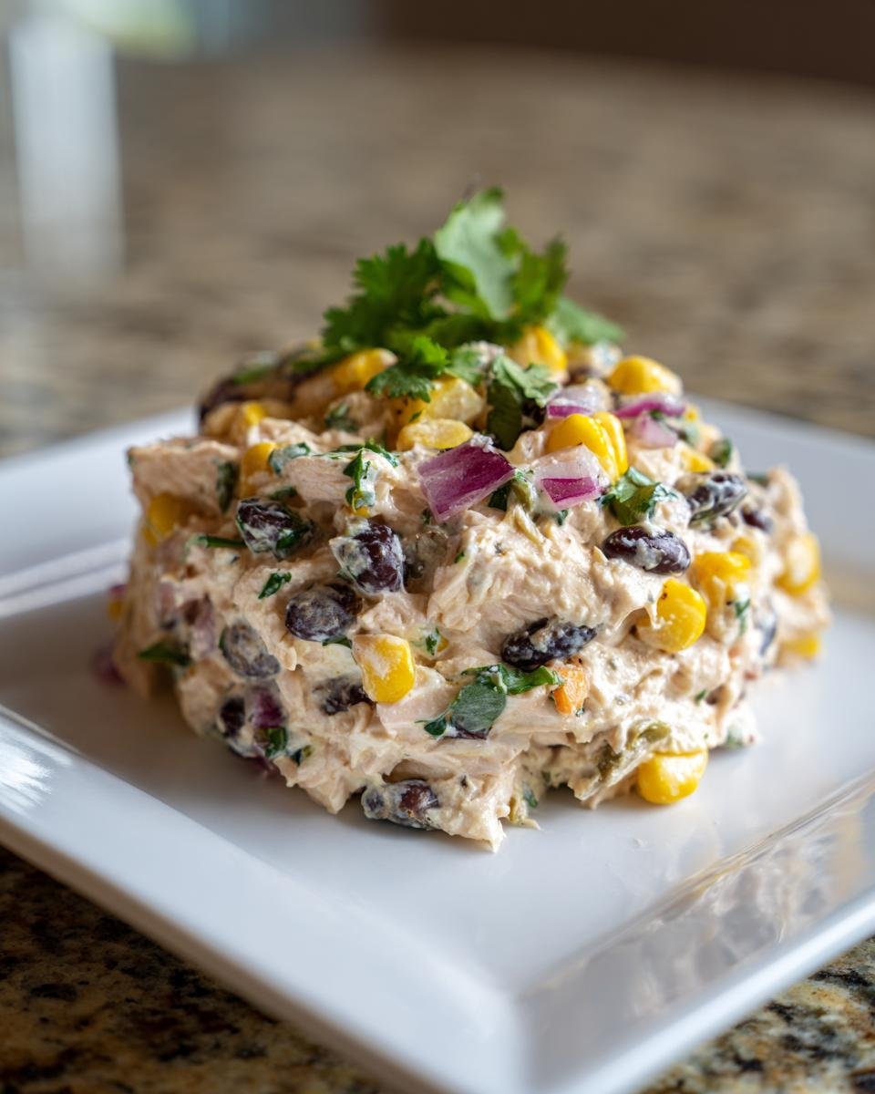 A scoop of creamy Southwest Chicken Salad featuring shredded chicken, black beans, corn, and red onion, garnished with cilantro.