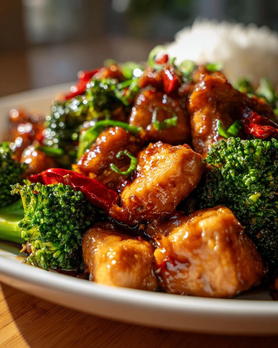 Close-up of glazed, saucy Spicy Ginger Chicken pieces mixed with bright green broccoli florets and red chilies.