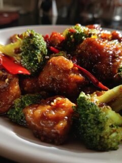 Close-up of glossy, saucy pieces of Spicy Ginger Chicken mixed with bright green broccoli florets and red chili peppers.